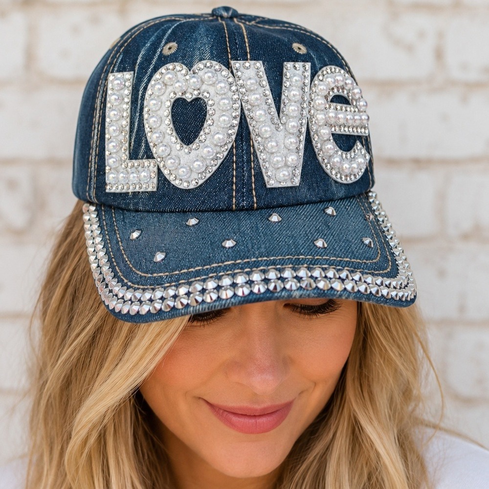 Womens Denim LOVE Baseball Cap Rhinestone Pearl Studded Dark Wash Adjustable Hat